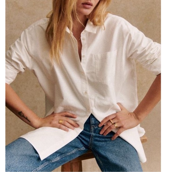 SEZANE White Oversized Button Down Shirt Neutral Minimalist Cotton Max Shirt - Picture 1 of 17